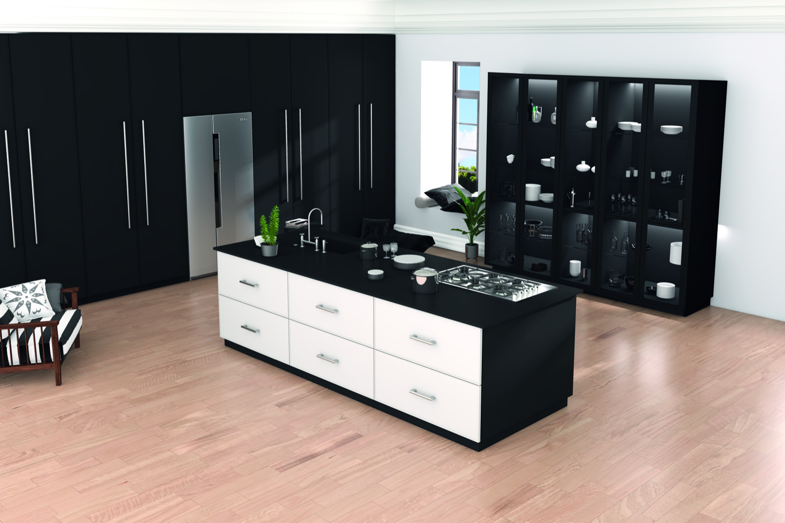 Cocina polilaminada en PVC con isla y taburetes